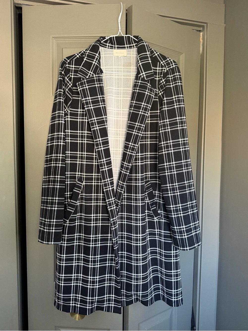 MELLODAY Black & White Plaid Trench Coat